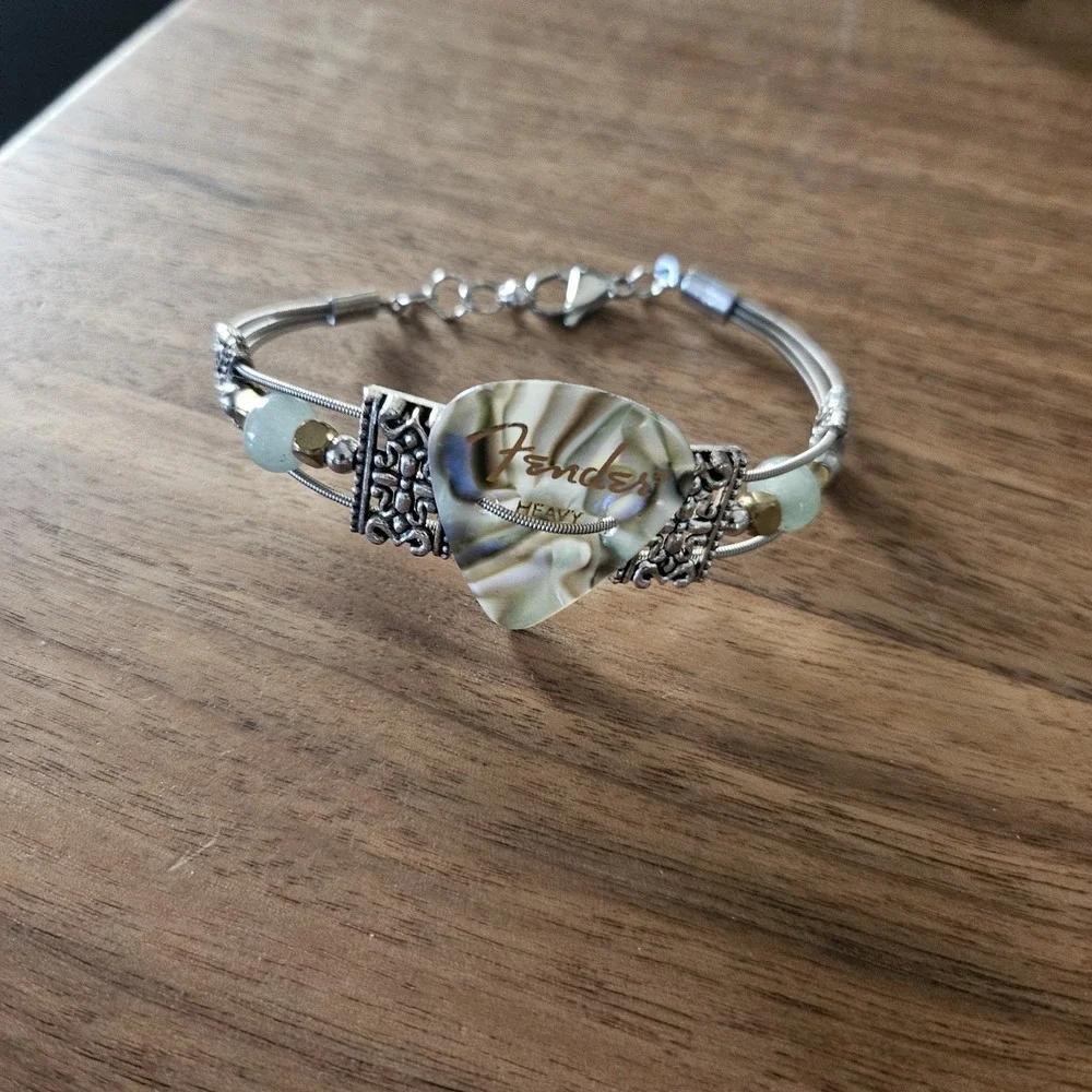 Fender Guitar Pick/String Bracelet Silver/Gold Beads. Boho Rocker Artisan.